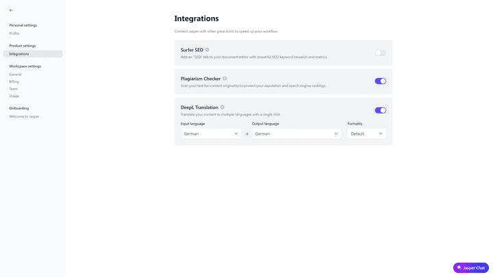 Um Jasper zu nutzen, musst du erst die DeepL-Schnittstelle aktivieren