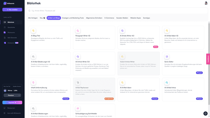 Writesonic bietet einige Templates, die es in mehreren Ausführungen gibt