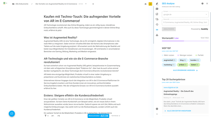 Bei Bedarf können User auf das integrierte Seobility zurückgreifen