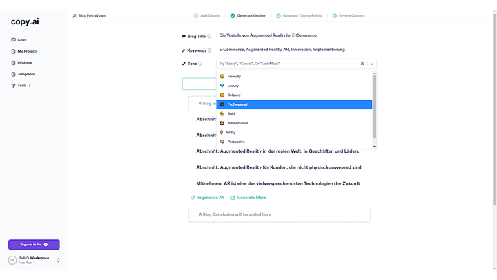 Copy.ai stellt dir 9 Tonalitäten zur Verfügung