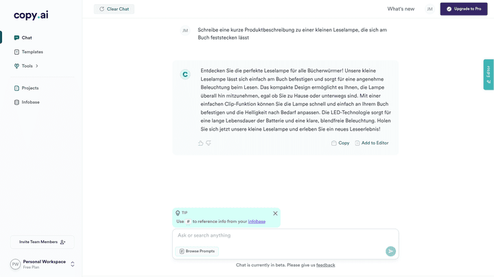 Copy.ai ist auch für Einsteiger:innen angenehm einfach zu bedienen