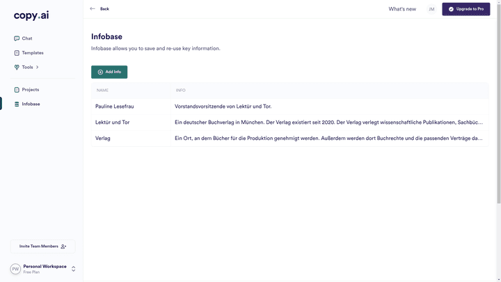 In der Infobase hinterlegst du Informationen, bei der sich Copy.ai zur KI-Texterstellung bedient