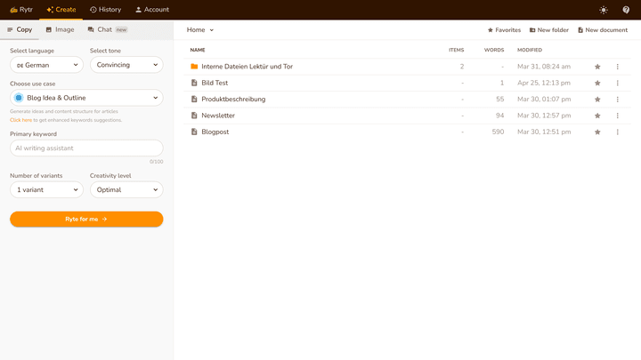 Rytr bietet ein noch einfacheres Dashboard als Writesonic
