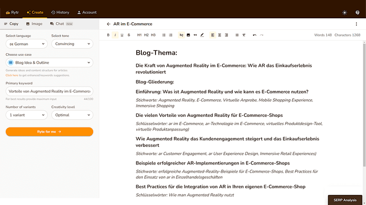 Rytr schlägt dir passende Keywords für deine Blogabschnitte vor