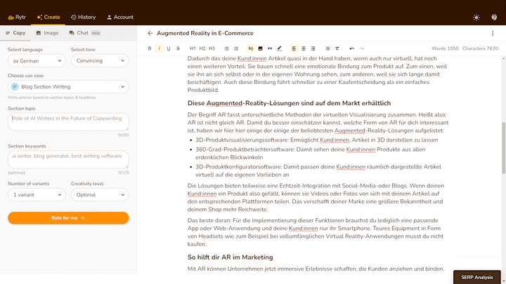 Rytr formatiert seine Absätze in kürzere Einzelstücke vor
