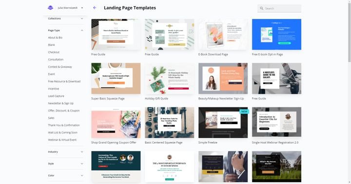 Die Vorlagen-Auswahl aus Leadpages