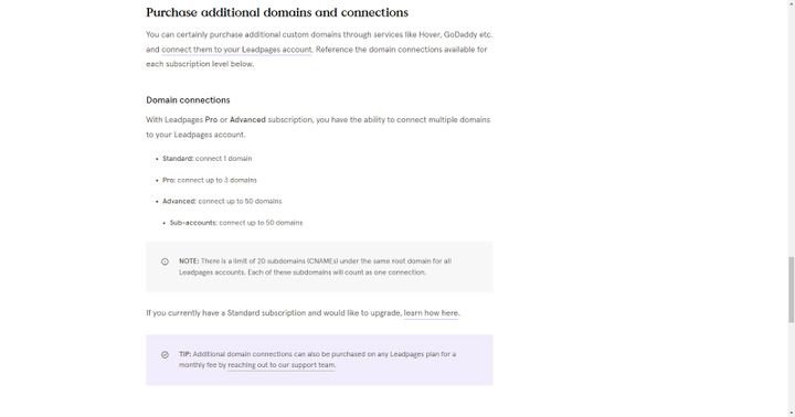 Je nach Tarif lassen sich bis zu 50 Domains mit Ihrem Leadpages-Account verbinden