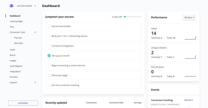 Wenn Sie Landing Pages erstellen, erhalten Sie die wichtigsten Kennzahlen zu Traffic und Conversions