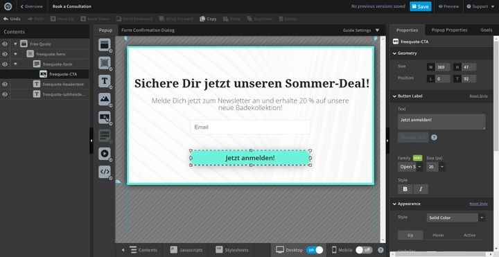Für Pop-ups erhalten Sie einen eigenen Editor