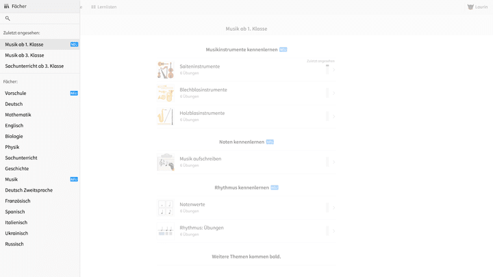 Die Startseite ist recht übersichtlich und in Klassenstufen unterteilt