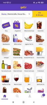 Ein Blick auf die Startseite von getir - die Kategorien sind übersichtlich angeordnet