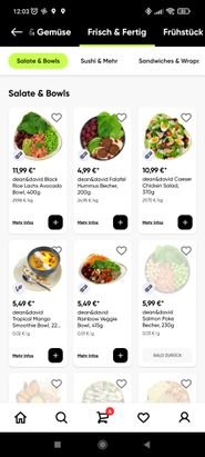 Live-Sortiment mit Salaten und nicht vorrätigen Artikeln