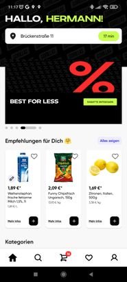 Startseite: Oben die Auswahl für eure Adresse, darunter die Angebote und Kategorien