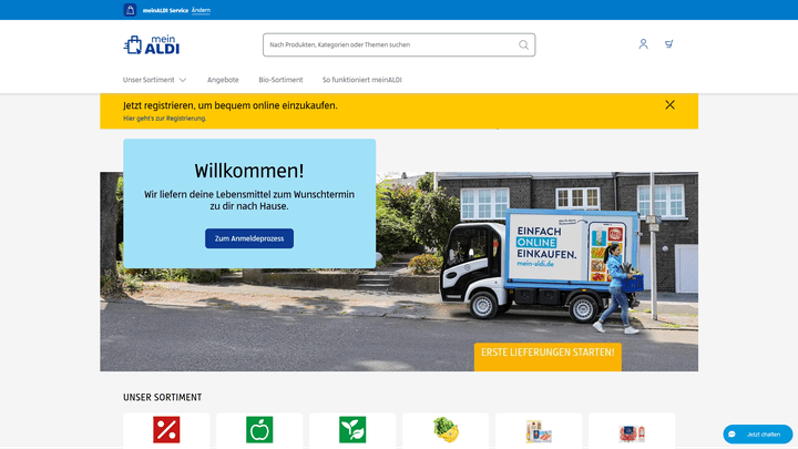 Die Startseite von meinALDI inkl. E-Transporter