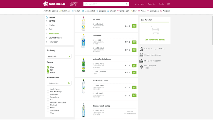 Die riesige Getränkeauswahl von Flaschenpost bemerkt man schon beim Mineralwasser: Sechs verschiedene Filtermöglichkeiten!