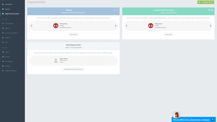 Statt Gruppen oder Teams ordnet ClickDesk einzelne Agent:innen unterschiedlichen Departments zu