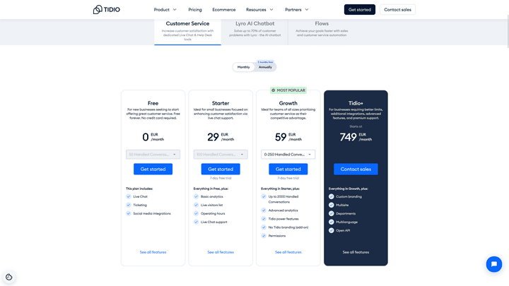 Ein Blick auf die Preise und Editionen von Tidio