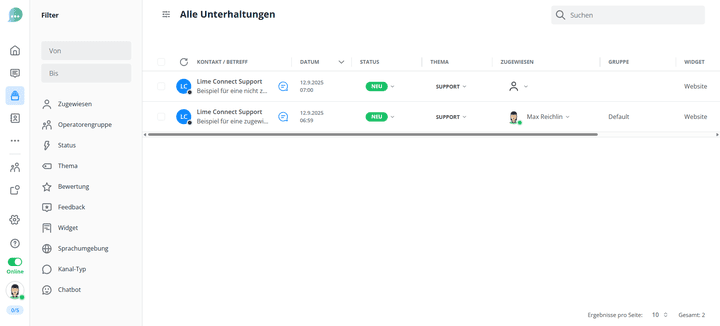 Im Bild eine persönliche Inbox mit allen Konversationen und dem jeweiligen Status