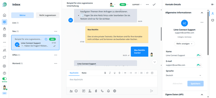 Die Chatoberfläche ist sinnvoll unterteilt: Sie haben sowohl die Inbox als auch den aktuellen Chat im Blick