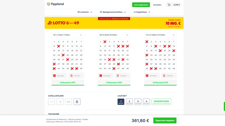 Beim Lotto-Vollsystem wählst du so viele Zahlen aus, wie du spielen möchtest. Das ist nichts für den kleinen Geldbeutel.
