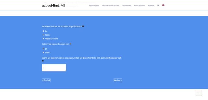 Der activeMind Generator führt euch mit einigen wenigen Fragen zu eurer rechtssicheren Datenschutzerklärung