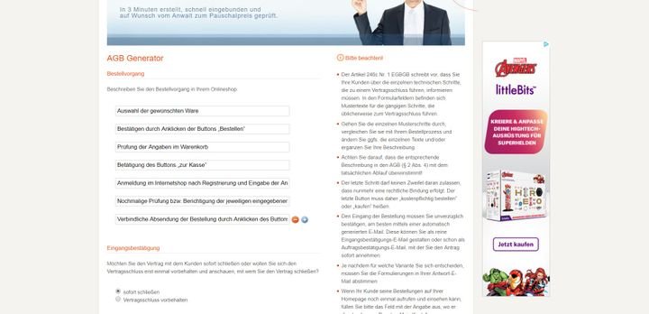 Der AGB-Generator eignet sich vor allem für eCommerce-Seiten und Pages mit eigenem Shop