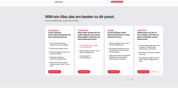 Hier siehst du alle Tarife, die es bei Apple Music zur Auswahl gibt.