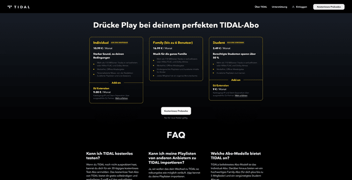 Eine Übersicht über die bei TIDAL verfügbaren Tarife