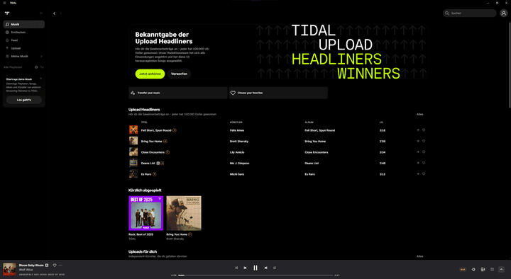 Auf der TIDAL-Startseite finden sich personalisierte Empfehlungen und exklusive Inhalte für ein erstklassiges, modernes Streaming-Erlebnis.