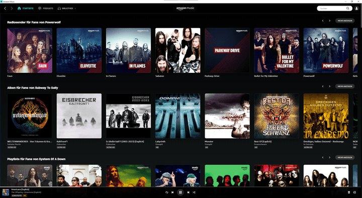 Die Startseite von Amazon Music zeigt personalisierte Empfehlungen, Playlists und Podcasts auf einen Blick.