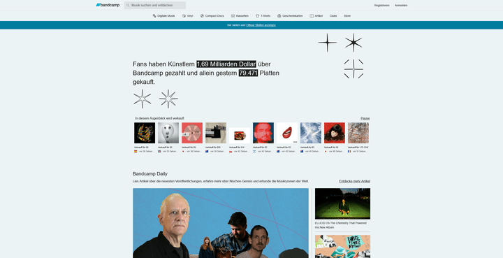 Die Startseite von Bandcamp