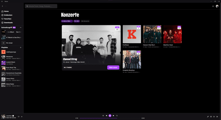 Deezer informiert dich über anstehende Konzerte in der Nähe.