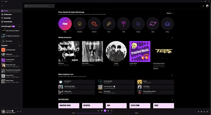 Die Startseite von Deezer präsentiert sich als personalisierte Musik-Zentrale, die durch kuratierte Playlists den Fokus auf individuelle Entdeckungen legt.
