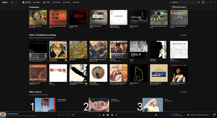 Qobuz bietet ein elegantes Interface für audiophiles Hi-Res-Streaming, kuratierte redaktionelle Inhalte und erstklassige Entdeckungen für Musikliebhaber:innen.
