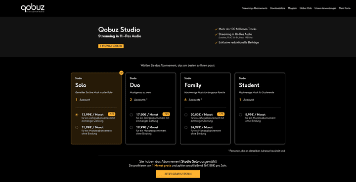 Hier siehst du die Studio-Tarife von Qobuz im Überblick. Wenn du dich direkt für ein Duo- oder Family-Paket entscheidest, kannst du sparen, ebenso durch Rabatte im Jahresabo.