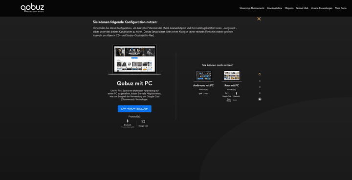 Qobuz gibt es auf vielen Geräten, darunter Smartphones, Smart TVs oder (wie hier) für den PC. Eine Besonderheit ist die Kompatibilität mit Tools wie Roon und Audirvana. Auch hier spielt Qobuz seine Karten vor allem für audiophile Hörer:innen aus.