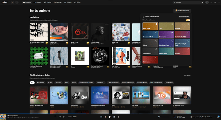 Qobuz macht einen sehr übersichtlichen Eindruck. In der cleanen Oberfläche (plus Dark Mode) findest du dich schnell zurecht.