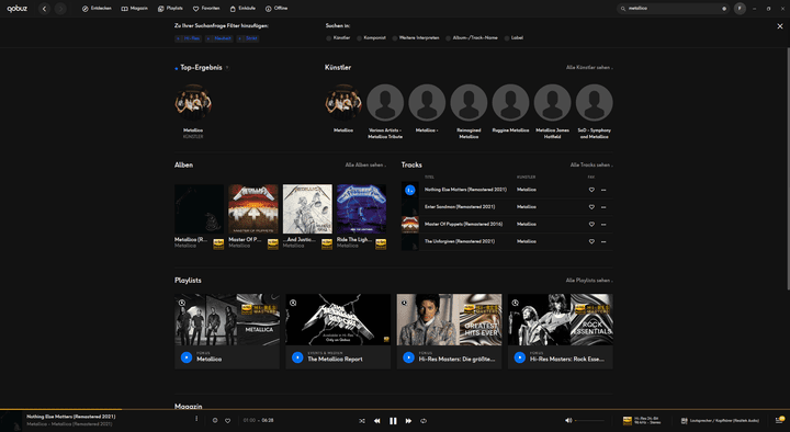 Eigentlich funktioniert die Suchfunktion in Qobuz gut und solide. Die Suchergebnis-Seiten enthalten nicht nur die gesuchten Interpret:innen und Bands, sondern auch deren Alben, einzelne Tracks, relevante Playlists und Künstler:innen mit ähnlichem Namen. Fein!