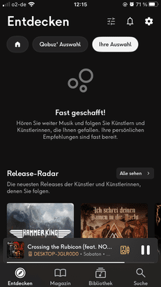 Es dauert eine Weile, bis Qobuz gemerkt hat, was du gerne magst. Bis dahin sieht der “Entdecken”-Bereich für dich wahrscheinlich so aus. Nett dafür: Der Release-Radar, der Neuerscheinungen bewirbt.