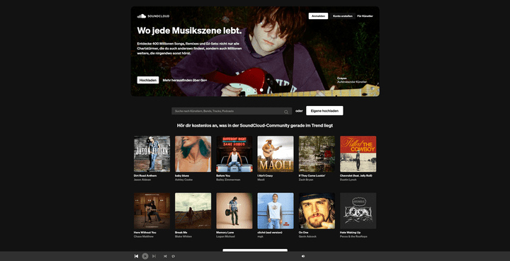 So empfängt dich die Startseite von SoundCloud.