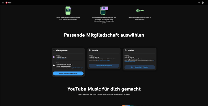 Die Auswahl der Premium-Mitgliedschaften bei YouTube Music