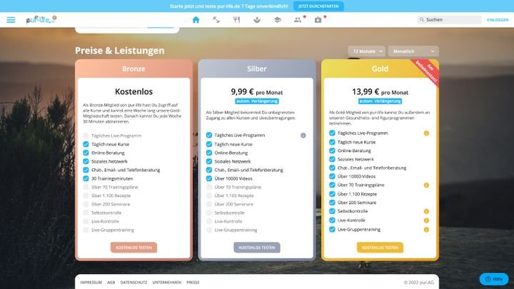 pur-life bietet drei verschiedene Abo-Modelle an. Die Laufzeiten variieren, sie reichen von 1, 3 oder 6 Monate bis zu einem Jahr.