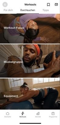 Du kannst aus mehreren Bereichen das Workout wählen