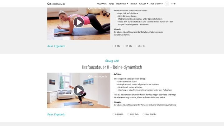 Durch den Fitnesstest am Anfang ermittelst du dein Level. So kann fitnessRAUM dir auf dich zugeschnittene Workouts vorschlagen.