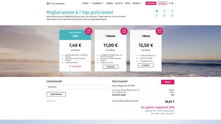 Hier siehst du die Preise für ein klassisches Online-Fitnessstudio am Beispiel von fitnessRAUM.