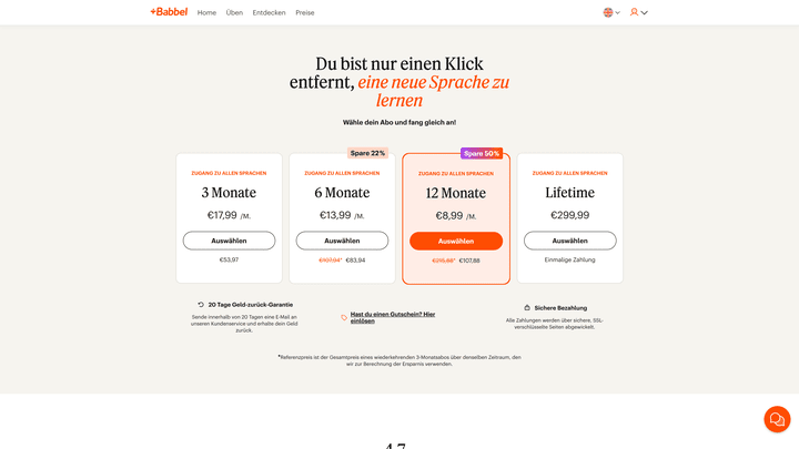Die Monatspreise eines Babbel-Abos im Überblick.
