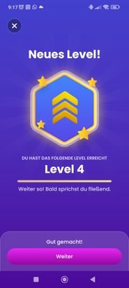 Wirklich Spaß (wie ein Spiel) macht Mondly nicht. Ein paar Gamification-Elemente (wie diese Level-Ups) sind zwar vorhanden, aber auch nur nettes Beiwerk.