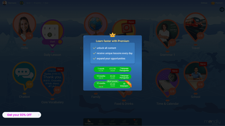 Grundsätzlich musst du für die Nutzung von Mondly bezahlen. Diese verschiedenen Abo-Modelle werden angeboten. Mondly kostet 5,99 € pro Monat im Jahresabo. Ein Lifetime-Abo wird ebenfalls beworben (über “Get your 60 % off” unten links), das als Streichpreis 324,90 € angibt.