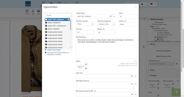 Die Produktverwaltung des 1blu-Shops
