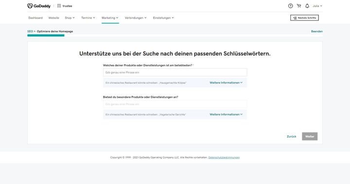 Das SEO-Tool schlägt Ihnen passende Keywords für ihre Seite vor